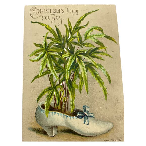 Victorian Christmas Greeting Card Shoe with Plant S Hildesheimer Co Joy Greeting - Picture 2 of 5